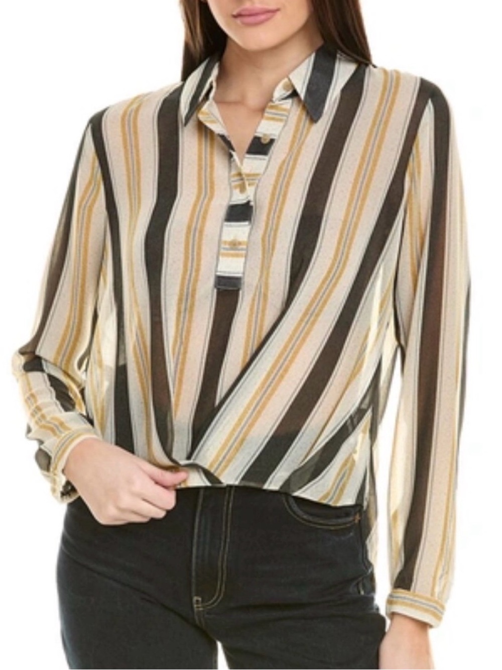 Cabi Striped Faux Wrap Blouse Size Small Black Cream Mustard